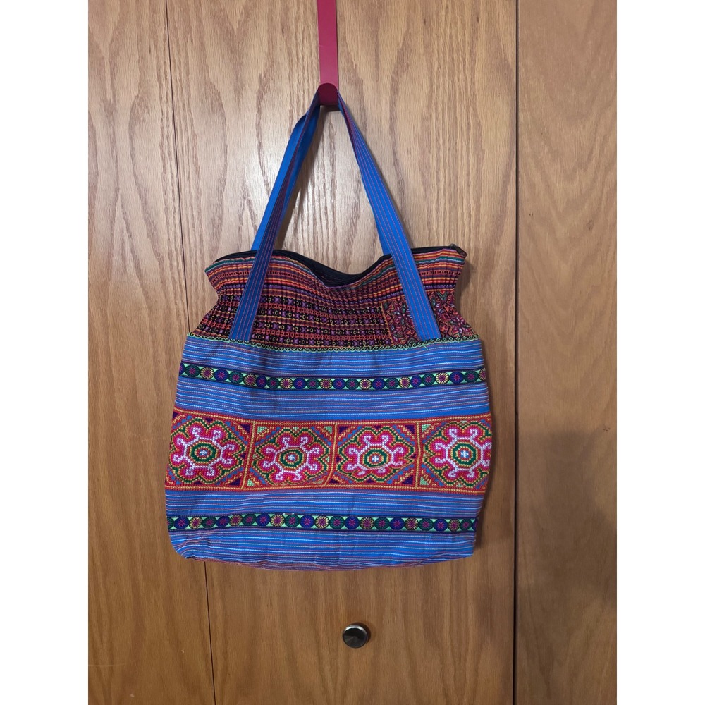 Boho Embroidered Tote Bag Blue Floral Geometric Woven Shoulder Bag Zipper Top